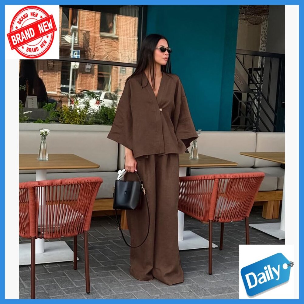 Large Cotton 2-Piece Outfit Batwing Sleeve Top Wide Leg Pants Tracksuit - Picture 4 of 5